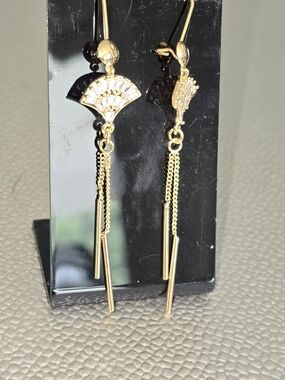 22kgp Dubai Jewelry Gold Fan Dangle Earrings with Chain Tassels - Women Jewelry